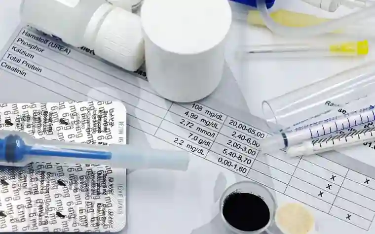 Veterinary supplies including syringes, tablet blister packs and a blood test report laid out on a white table