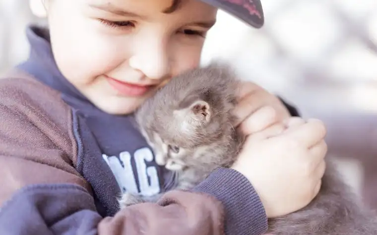 A child holding a small kitten gently against their chest