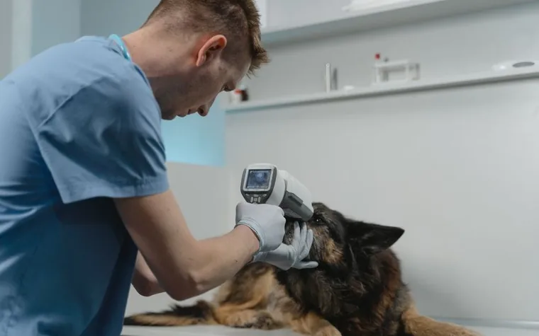 A veterinarian examines a German Shepherd lying on a clinic table