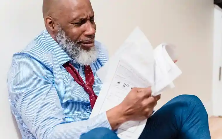 Person reviewing an insurance denial letter and pet medical records at a desk
