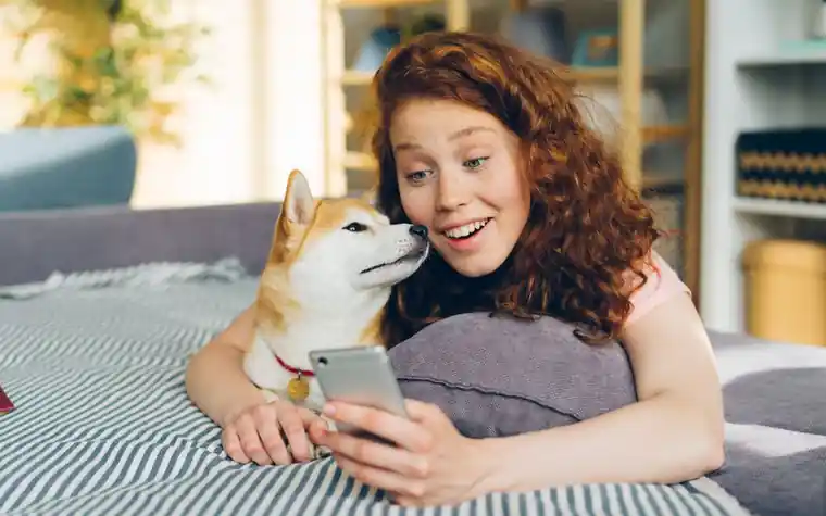 A woman lying on a bed holding a phone next to a Shiba Inu