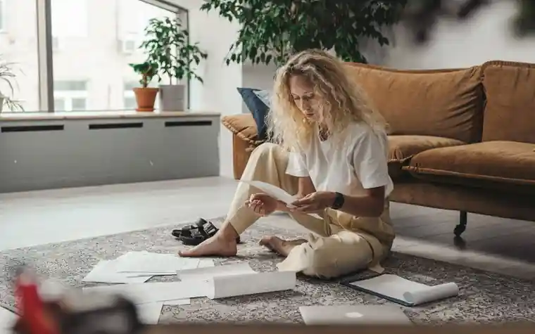 A woman reviewing documents at home with her dog beside her
