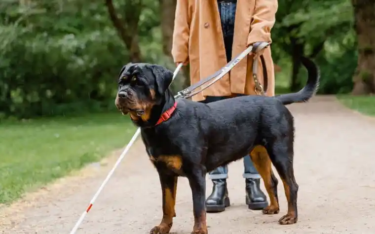 Person with a cane walking beside a black guide dog in a harness on a park path