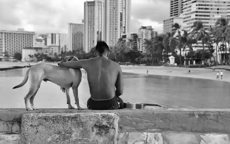Black and white photo of a man sitting on a seawall with his dog beside Waikiki high-rises
