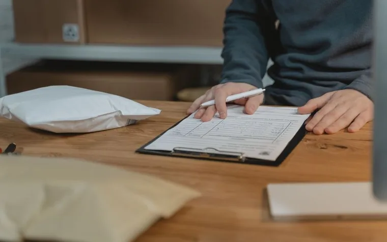 Person filling out a form on a clipboard at a wooden table