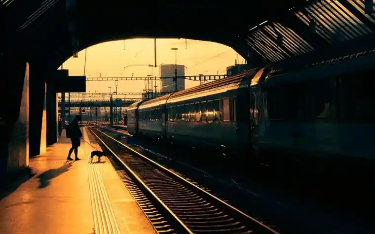 A person and a small dog on a railway platform at sunset beside a passenger train