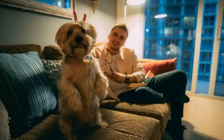 A fluffy dog sitting on a couch beside its owner in an apartment living room