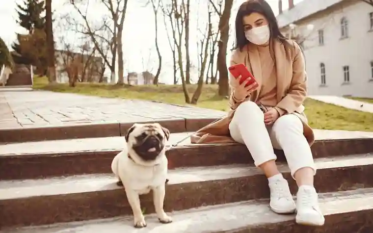 A woman checking her phone while sitting with her dog