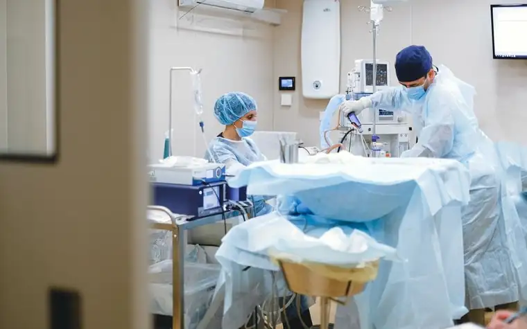 Veterinary surgical team operating on a dog under anesthesia