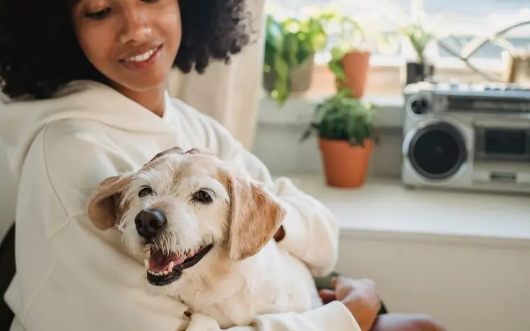 A woman sitting by a window holding her dog