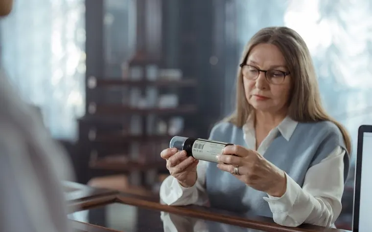 Woman with glasses reading the label of a medicine bottle at a counter