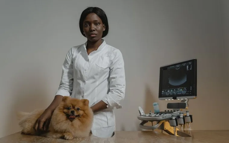 Veterinarian and assistant examining a Pomeranian beside an echocardiogram ultrasound machine