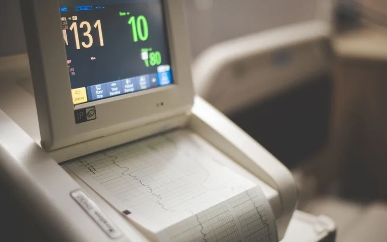 Close-up of a clinic ECG monitor showing heart rate and a printed rhythm strip