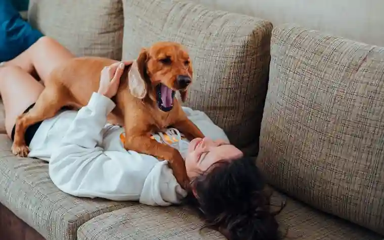 A woman lying on a couch hugging a golden-brown dog